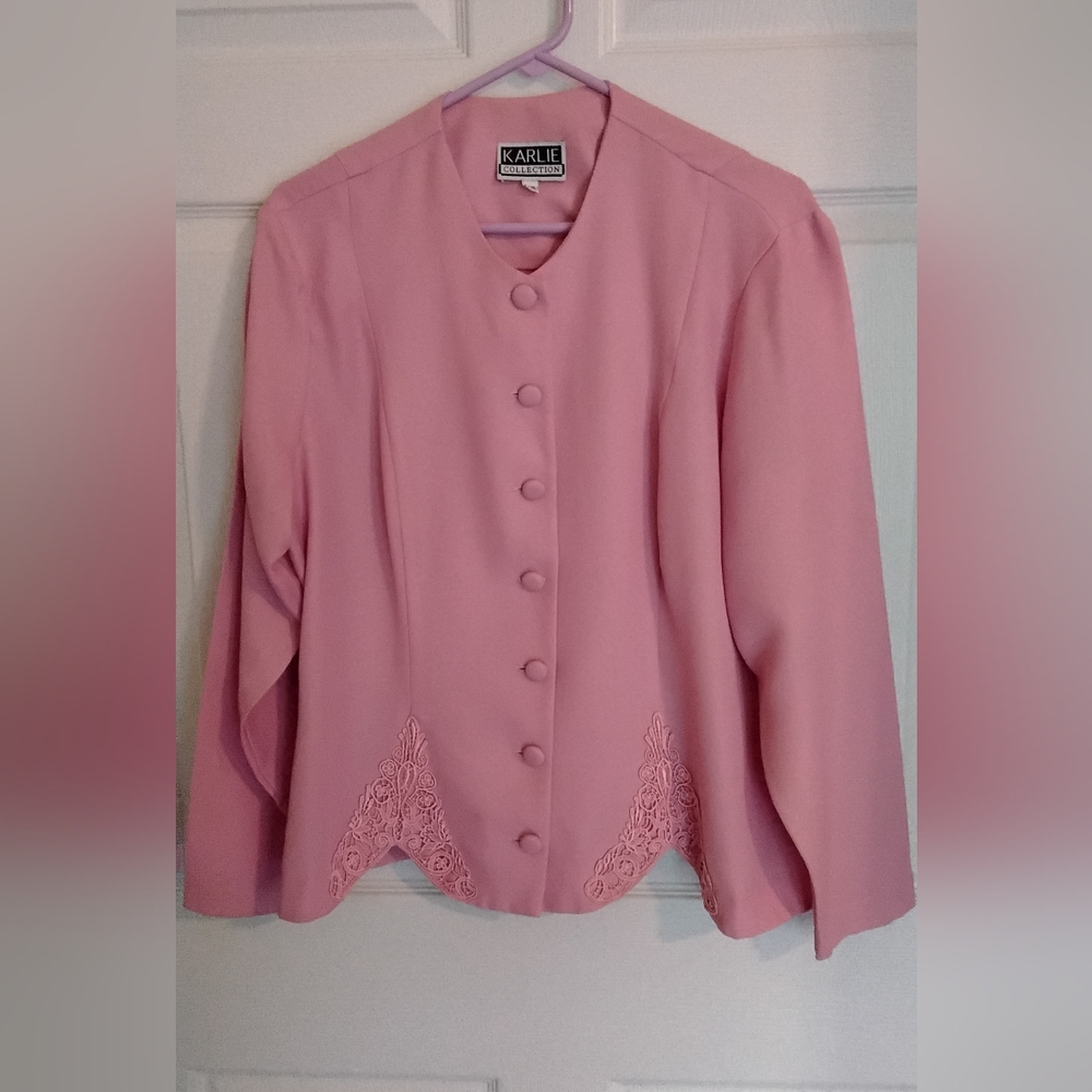Karlie Pastel Pink Round-Neck Button Jacket with Lace Insets